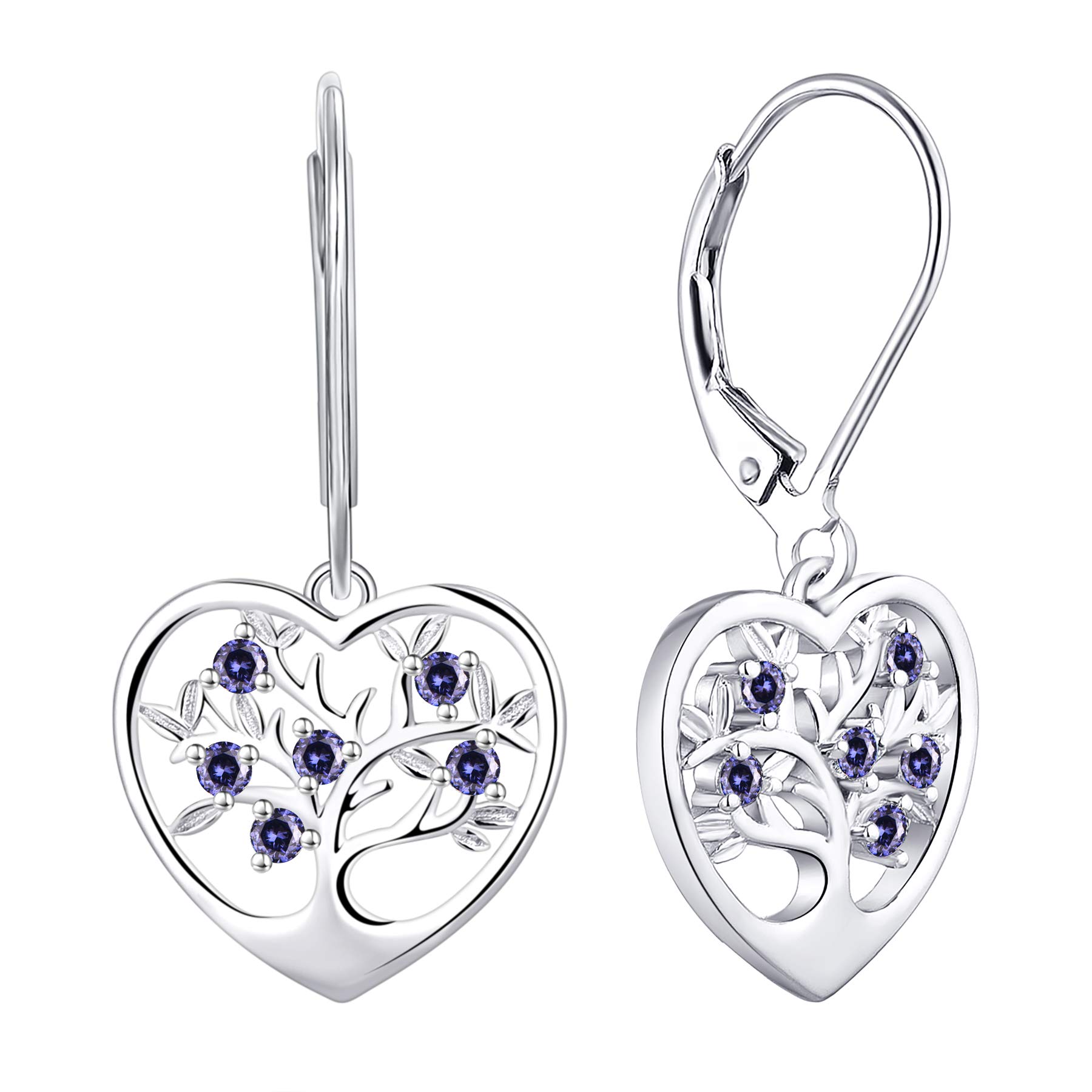JO WISDOM Women Earrings,925 Sterling Silver Family Heart Tree of Life Leverback Drop & Dangle Earrings with 3A Cubic Zirconia December Birthstone Tanzanite Color