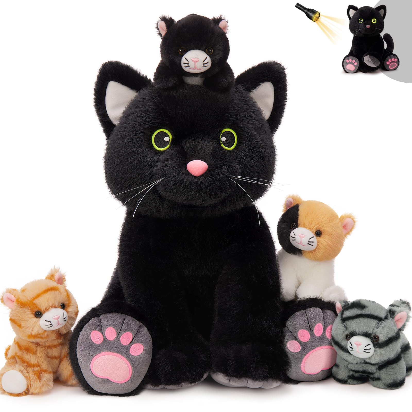 MorisMos 5 stücke Plüsch Katzen, 40cm hoch riesen schwarz Katze Kuscheltier XXL mit Kätzchen Baby im Bauch, Groß Katze Plüschtier Stofftier, weich Geburtstag Weihnachten Geschenk Kinder 7