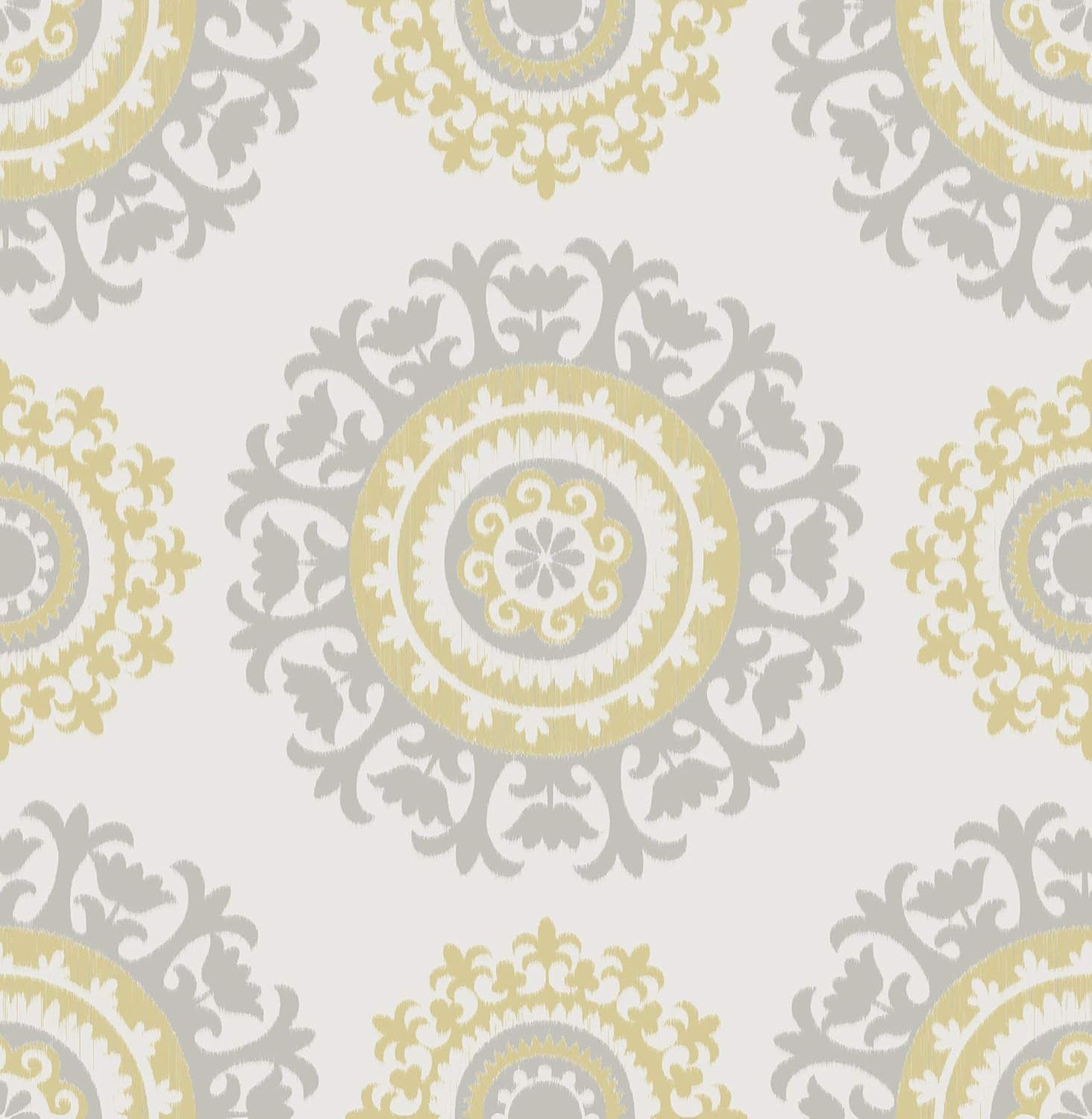 NuWallpaper Grey and Yellow Suzani Peel and Stick Wallpaper, 15.2 x 457.2 cm