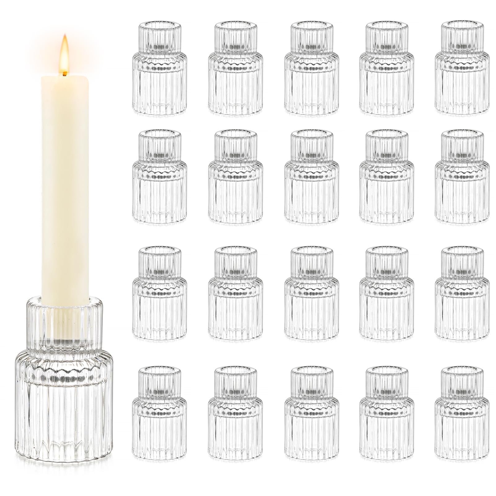 Photo 1 of Candle Holder Glass Candlestick Holders: Hewory 20PCS Clear Taper Candle Holders Bulk for Table Centerpiece, Glass Candle Holder Candle Stick Holder Decor for Christmas Wedding Party Bridal Showers