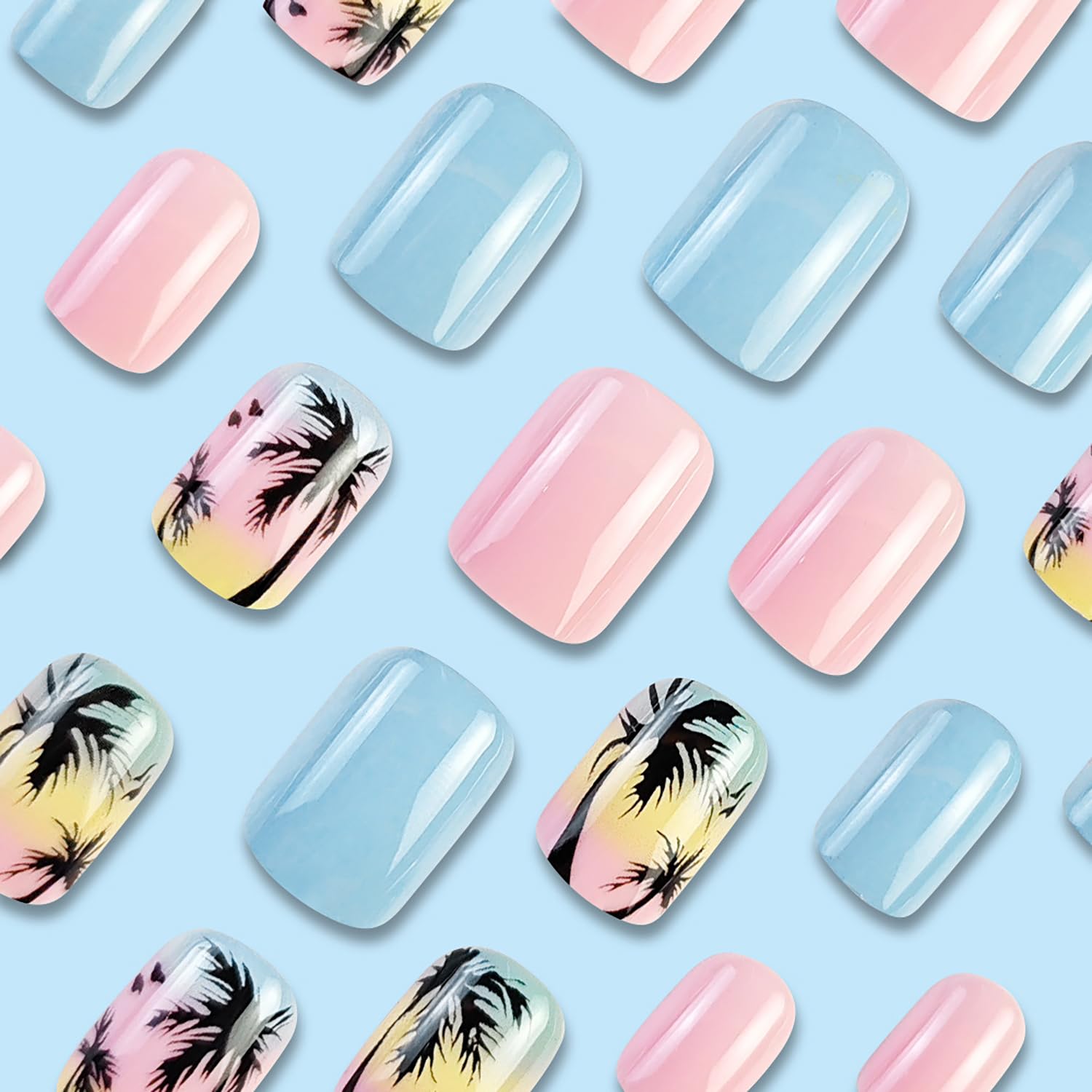 24 Pcs Short Square Press on Nails Colorful RIICFDD Fake Nails Summer Beach Style False Nails with Coconut Palm Designs Artificial Glossy Acrylic Nail Full Cover Glue on Nails for Women Girls - Image 3