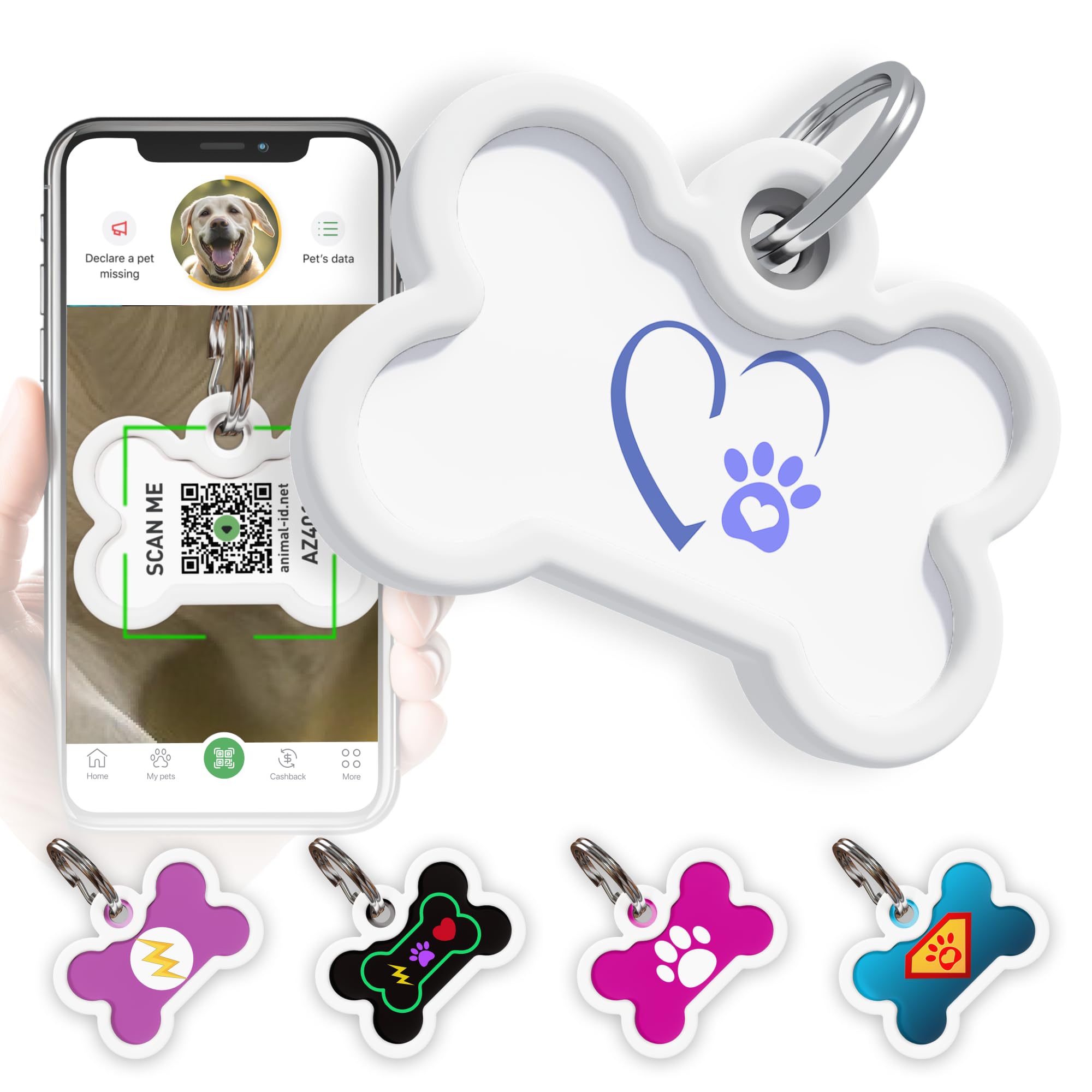 QR Code Dog Tag Silent Id Pet Tags Personalized Name Plate with Online Profile (Together Forever, Bone)