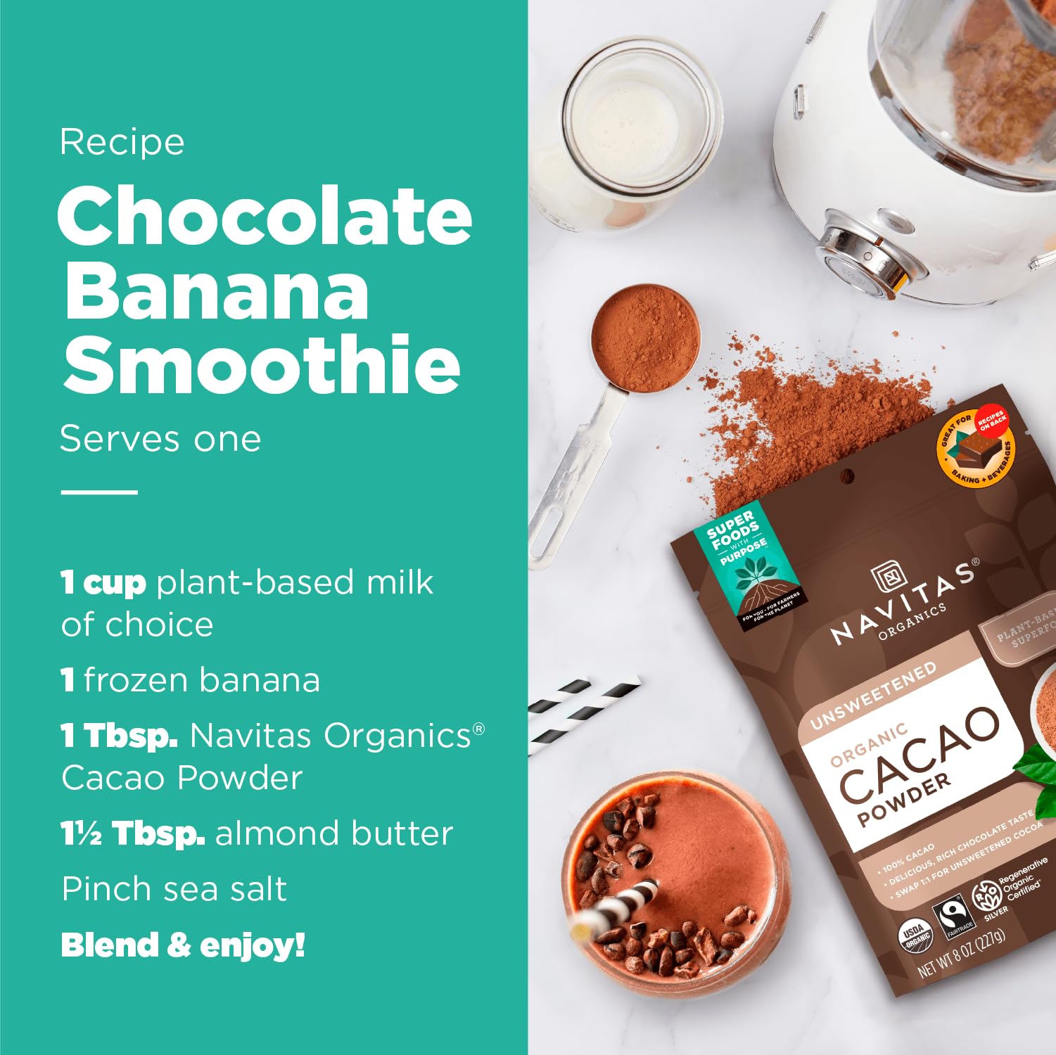 Navitas Organics Cacao Powder - Cocoa Powder Substitute 1:1, For Hot Chocolate, Baking & More - Regenerative Organic Certified, Non GMO, Fairtrade, Gluten Free, Non-alkalized (16oz. Bag, 76 Servings)