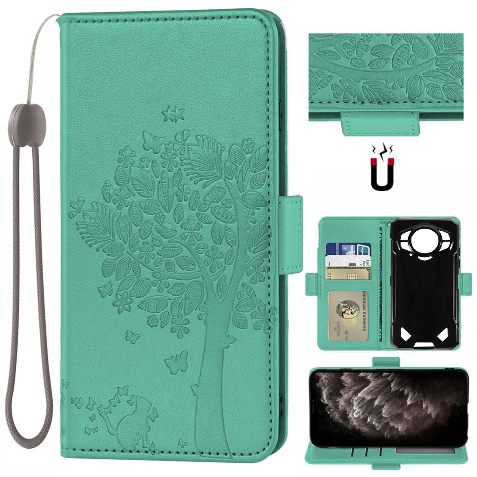 Auotu PU Leather with camera lens protection Wallet Pouch Flip Case Cover With Stand Card Slot Design For DOOGEE S200 / DOOGEE S200 X 5G Smartphone (Green With Tree Pattern)