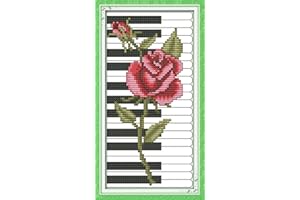 Amiiba Stamped Cross Stitch Kits, Piano Keys Red Rose DIY 11CT 6.6x10.6 inch (Red)