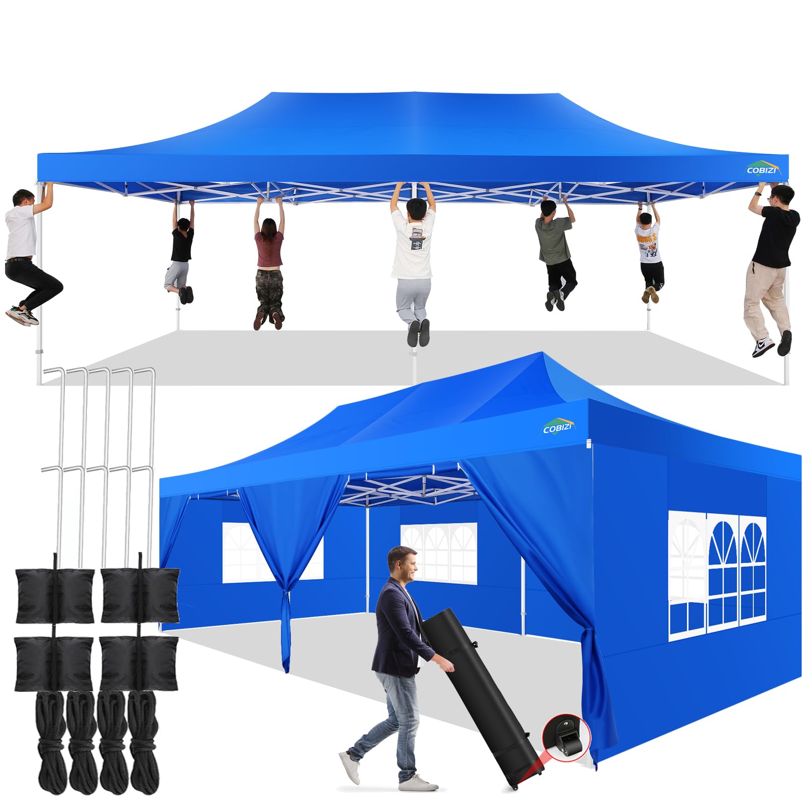 Photo 1 of COBIZI 13x26 Pop up Canopy Tent 13x26 Canopy with 6 Sidewalls Waterproof Heavy Duty Commercial Canopy Tent for Parties Outdoor Tent Garden Gazebo Tent, Carry Bag with Wheel(13x26ft, Blue)