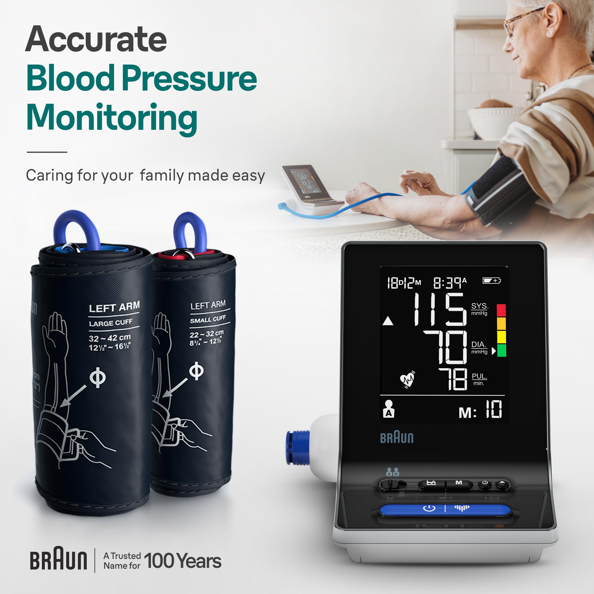 Braun ExactFit 3 Blood Pressure Monitor for Home Use, Blood Pressure Machine, Color-Coded, High BP Monitor, 2 Upper Arm Cuff Sizes, 80 Memory Slots