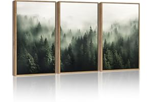 SHENIFY Green Fog Pine Tree Forest Canvas Wall Art 11x14in Framed Nature Modern Artwork Prints Decor - Natural Framed