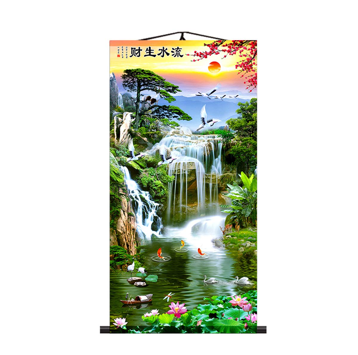 Zzooi Chinese Feng Shui Painting Flowing Water Falls Wall Art Hanging Silk Painting Scroll,Facing Sun