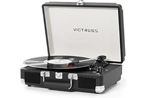VICTRESS Record Player with Speakers, Bluetooth Vinyl Record Player with Recording, 3 Speed Portable Suitcase LP Player, Belt Drive Turntable, RCA/AUX/Headphone Jack, Black