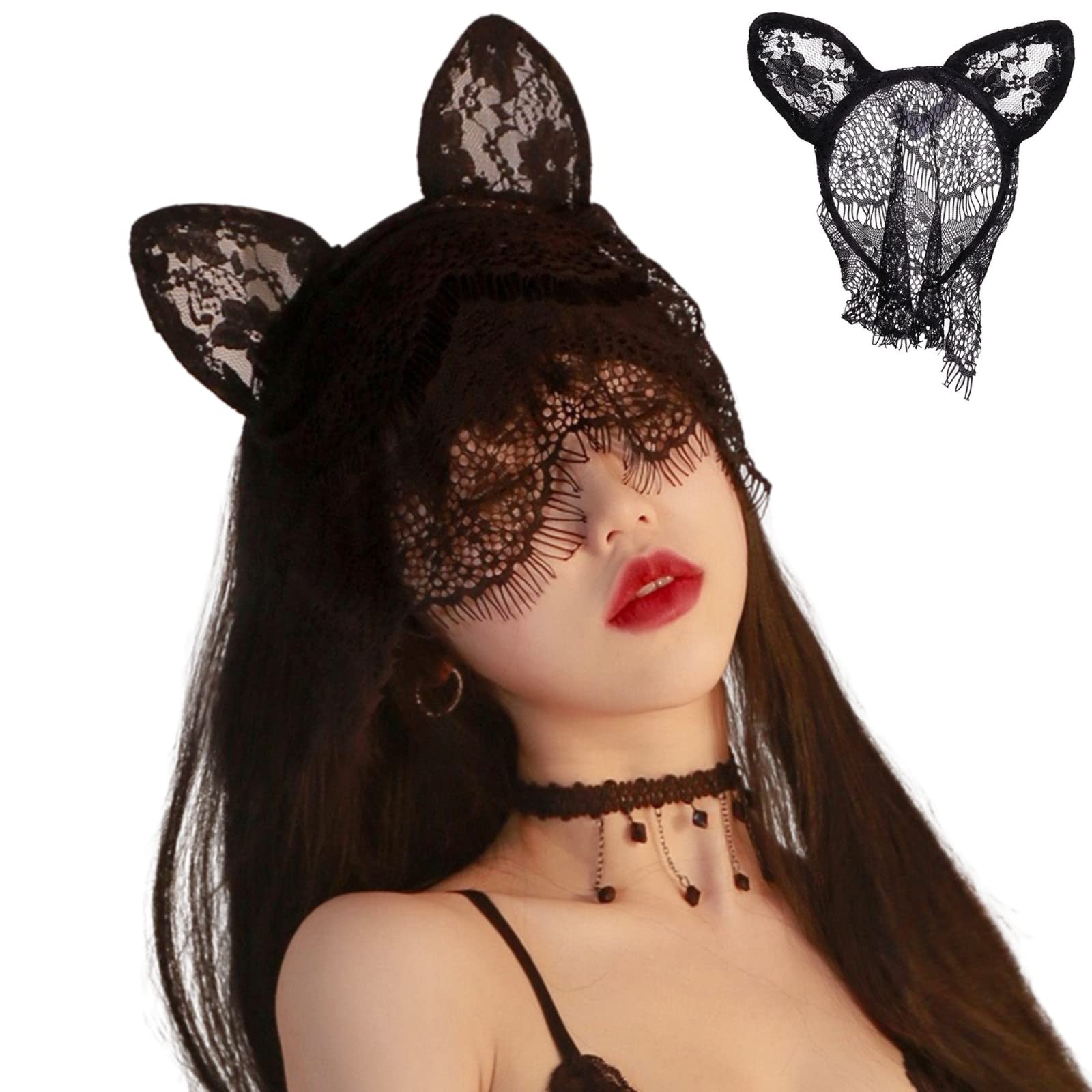 CHENGZI Black Lace Headband with Veil and Cute Rabbit Ears Halloween Party Headwear Hair Accessories for Women Girls