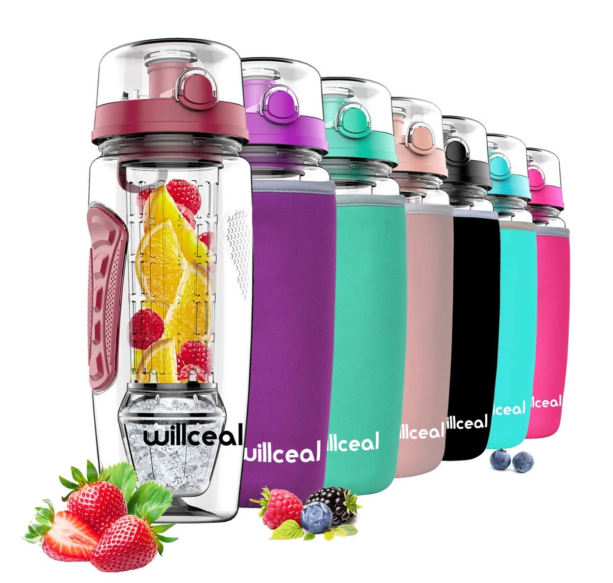 willceal Fruit Infuser Water Bottle 32oz Durable with Detachable Ice Gel Ball,Large - BPA Free Tritan, Flip Lid, Leak Proof Design - Sports, Camping (Deep Red)
