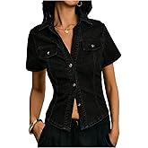 OYOANGLE Women's Short Sleeve Button Down Denim Jackets Collared Fitted Y2K Jean Shirt Tops