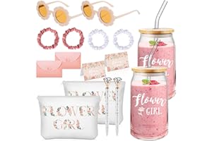 Meanplan 16 Pcs Be My Flower Girl Proposal Gifts Set Flower Girl Tumbler with Straws Makeup Bag Sunglasses Hair Ring Diamond Pen Envelope Card for Wedding Bridal Shower(Pink Series)