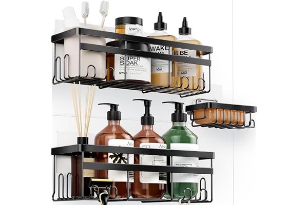 HomeHacks Shower Caddy, 3-Pack with Soap Holder, No Drilling Rustproof Organizer with Save Space Hooks, Apartment Essentials
