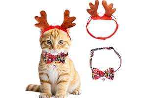 Haakong Cat Christmas Costume Reindeer Headband and Collar for Small Cat Dog Christmas Halloween Party Cosplay Supplies (Red Christmas)