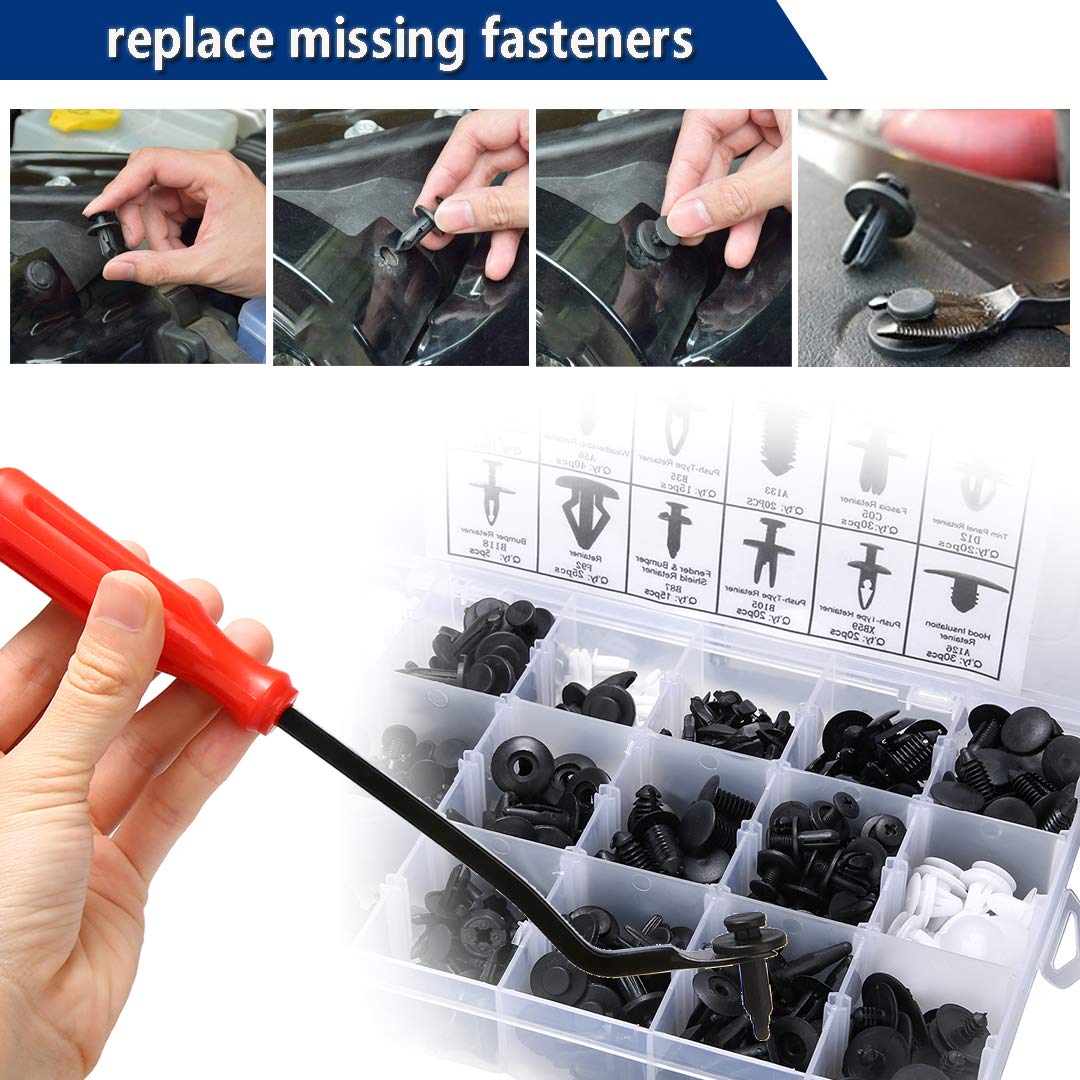 Aebitsry 445Pcs Car Retainer Clip with Fastener Remover Kit, 18 Most Popular Sizes Auto Fender and Bumper Fittings Push Clips, 5Pcs Fastener Remover, 5Pcs Reusable Cable Ties, 20Pcs Sponge Cushion