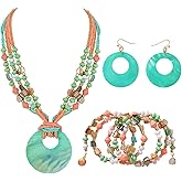 Jewelry Sets for Women 4 Pcs Chunky Beaded Mrs Roper Costume Jewelry for Women Boho Multi Strand Colorful Shell Necklace for Women