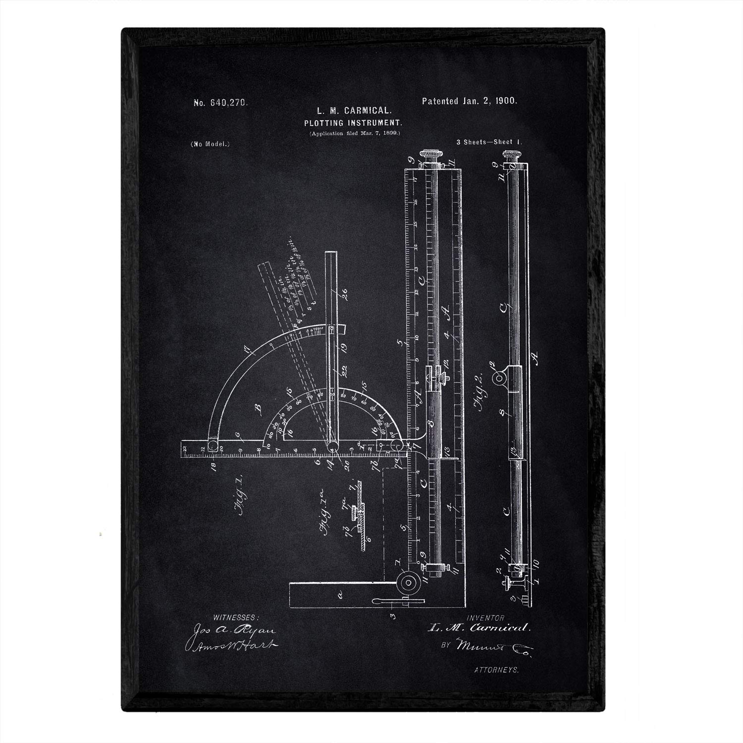 Nacnic Poster with Patent protractor. Sheet with old design patent A3 size with black background