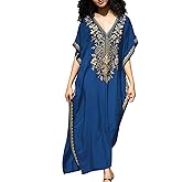 ZSWDXX Women V Neck Embroidery Kaftan Dress Loose Casual Beach Cover Up Long Caftans Maxi Dresses
