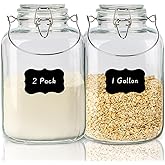 1 Gallon Airtight Glass Food Storage Jars Set of 2 with Lids, Extra Large Glass Storage Containers with Handle for Flour, Cereal, Coffee and Canning, Square Mason Jars with 8 Chalkboard Labels