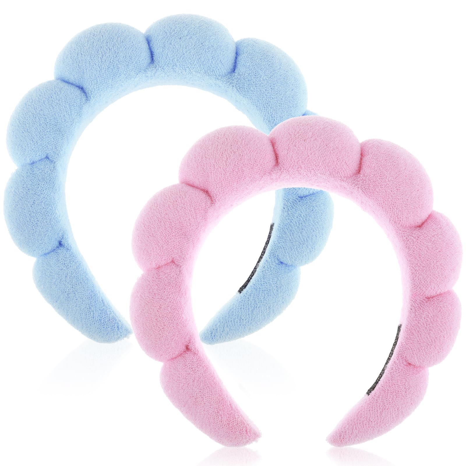 YUXIANLB Spa Headbands for Women, Set of 2 Sponge Headband for Washing Face or Facial, Skincare Headband Makeup Headbands for Women Terry Towel Cloth Fabric Puffy Shower Hair Accessory(Pink, Blue)