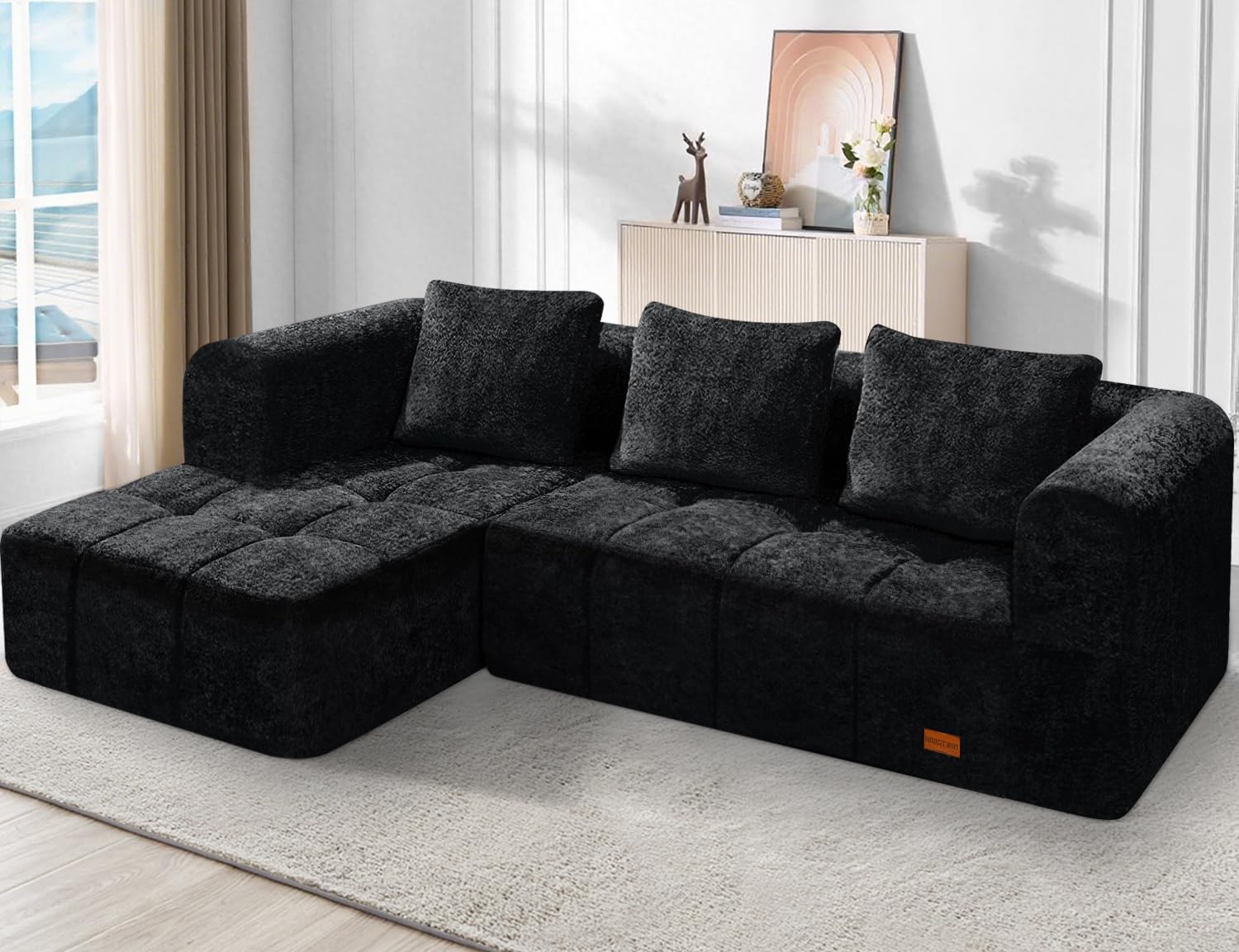 Photo 1 of ** NEW / COMPLETE / NO RETURNS** HABUTWAY 103" L-Shaped Modular Sectional Sofa, No Assembly Required Deep Seat Couch with 3 Pillows, Soft Fabric Upholstered, Modern Chaise Lounge for Living Room, Bedroom,Black