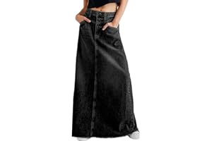 CHARTOU Women Vintage Denim Maxi Skirt Frayed Raw Hem High Waist A-Line Long Jean Skirt