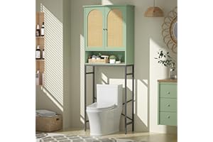 BEFRASES Rattan Toilet Storage Cabinet, Over The Rack Wood Cabinet with Metal Stand, Bathroom Organizer with Adjustable Shelf, Tall Freestanding Washer Shelf, Small Cupboard, Space Saver, Natural style, Green
