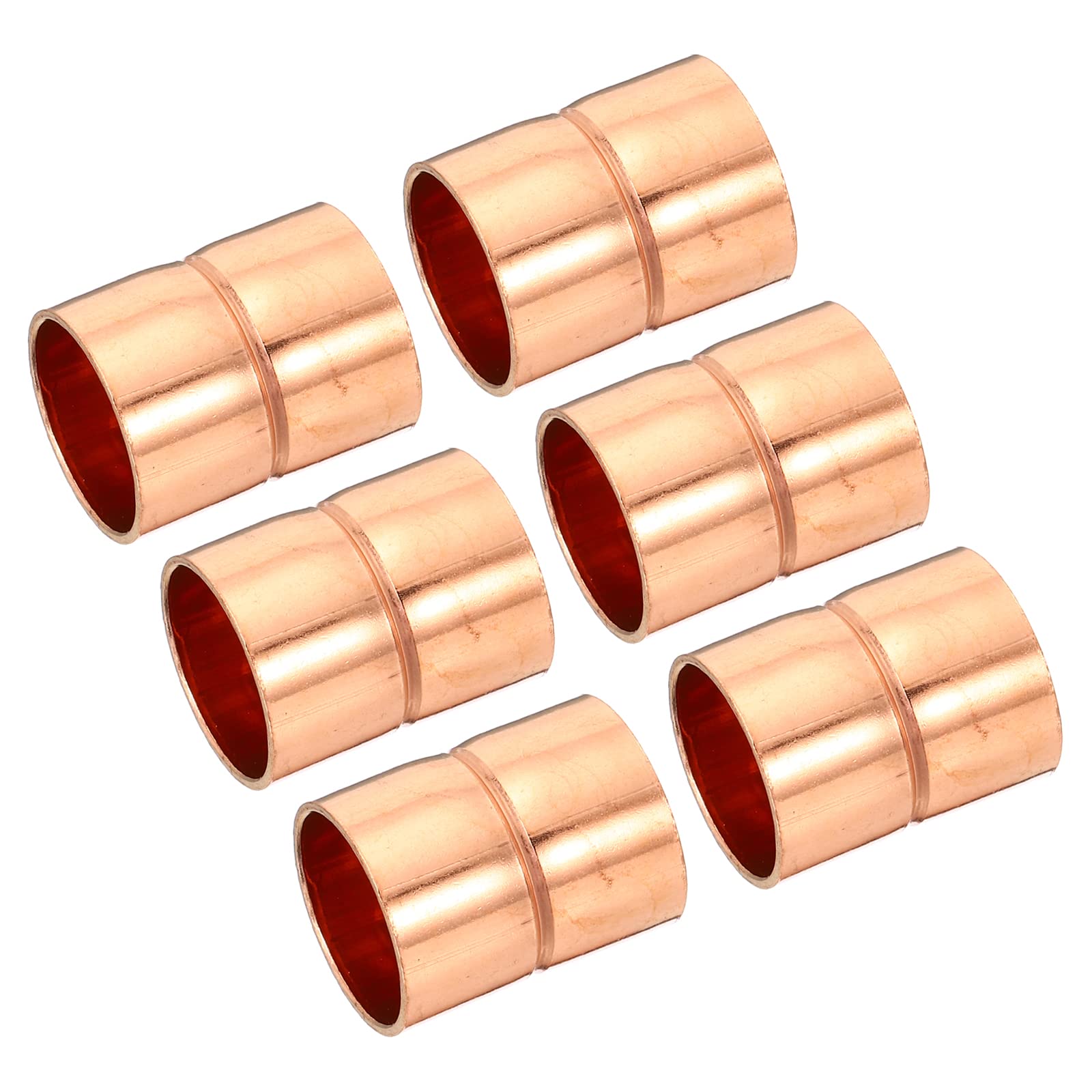 PATIKIL 0.71 Inch (18mm) ID Straight Copper Coupling, 6 Pack Sweat End Welding Joint Pipe Fitting with Rolled Tube Stop for Water Air Conditioner Plumbing