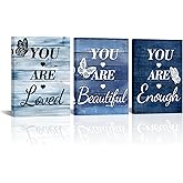 LevvArts Vintage Motivaional Wall Art Rustic You Are Loved You Are Beautiful You Are Enough Wall Decor Inspirational Pictures Canvas Prints Blue Decoration (Blue)