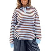 Women Y2k Rugby Polo Shirt Striped Knit Sweater Long Sleeve Collared V Neck Sweatshirt Oversized Pullover Tops