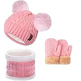 Kids Winter Beanie Scarf Gloves Set with 2 Pompom - Thermal Thick Fleece Lined Hat, Neck Warmer & Mittens for 1-10 Boys Girls