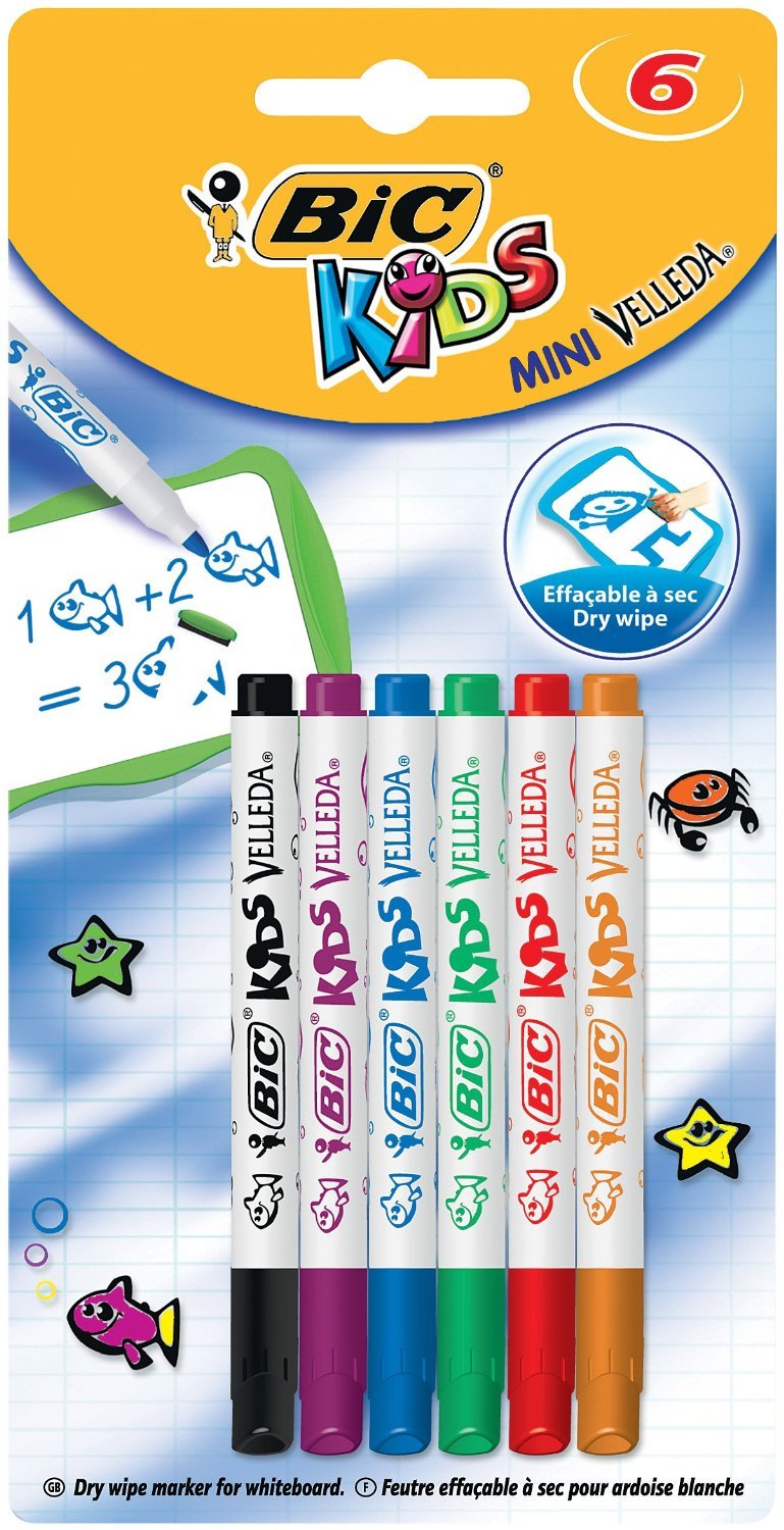 BIC Kids Mini Velleda, Whiteboard Markers Fine Bullet Dry Wipe Markers, Ideal for School or Home, Assorted Colours, Pack of 6