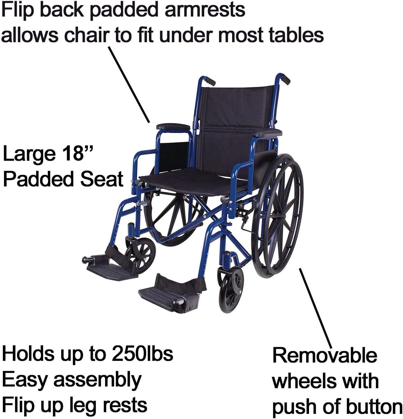 Carex Wheelchair with Large 18” Padded Seat - Lightweight with Adjustable and Removable Swing-Away Footrests - Folding Chair for Compact Storage - 250lb Capacity: Health & Personal Care