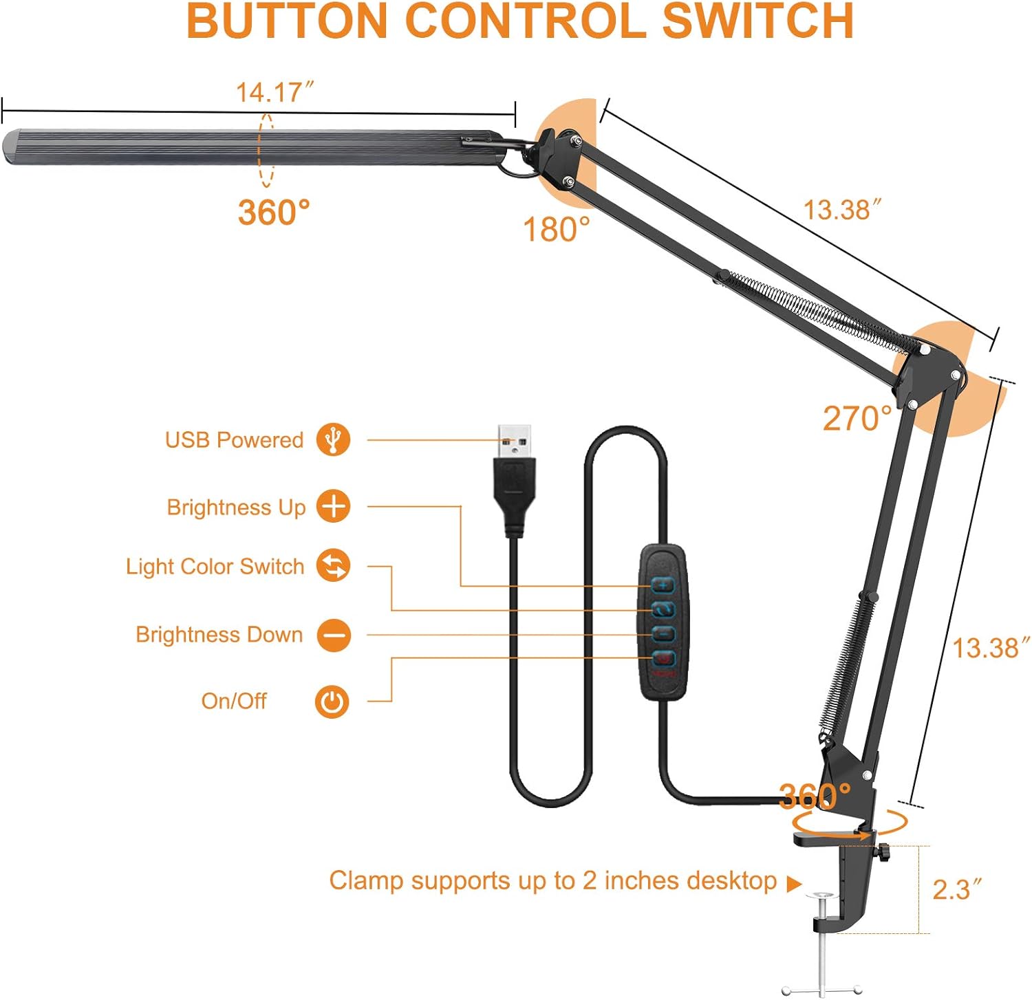 LED Desk Lamp, Adjustable Swing Arm Desk Lamp with Clamp, Dimmable Desk Light Eye-Care Table Light, Memory Function, 3 Color Modes, 10-Level Brightness Table Lamp for Home, Office, Study, Reading - - 