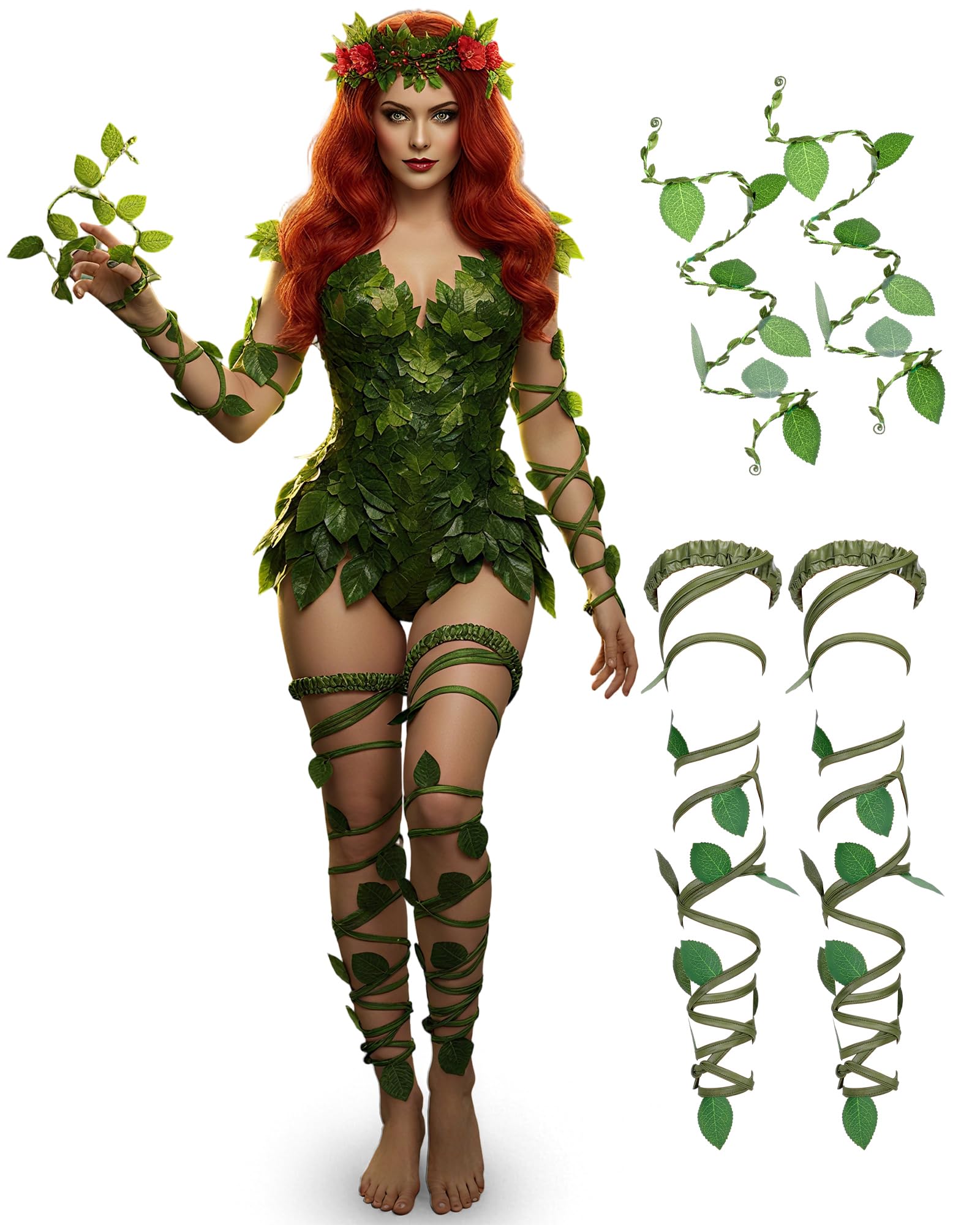 Photo 1 of Suncalla 4 Pcs Renaissance Fairy Vine Arm Wrap Green Bracelet and Festival Garter Ivy Leg Wraps Costume Accessories Halloween Forest Woodland Mother Nature Medieval Costume for Adult Women