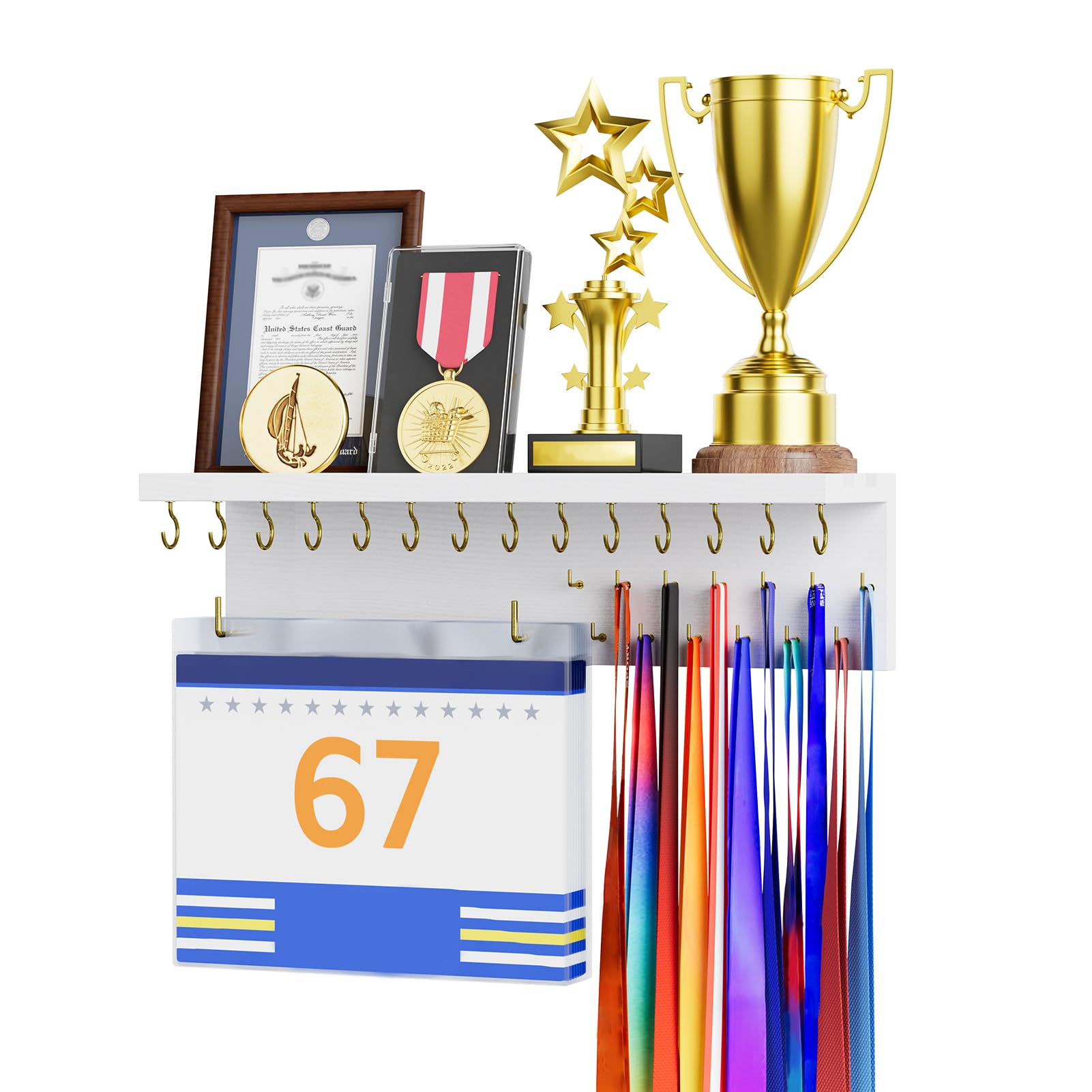 DSVENROLY Race Bib Medal Holder Display Trophy Shelf Organiser, Sturdy Wooden Award Hanger Rack with 29 Hooks, Wall Mount Storage Stand for Sports Fan, Stylish