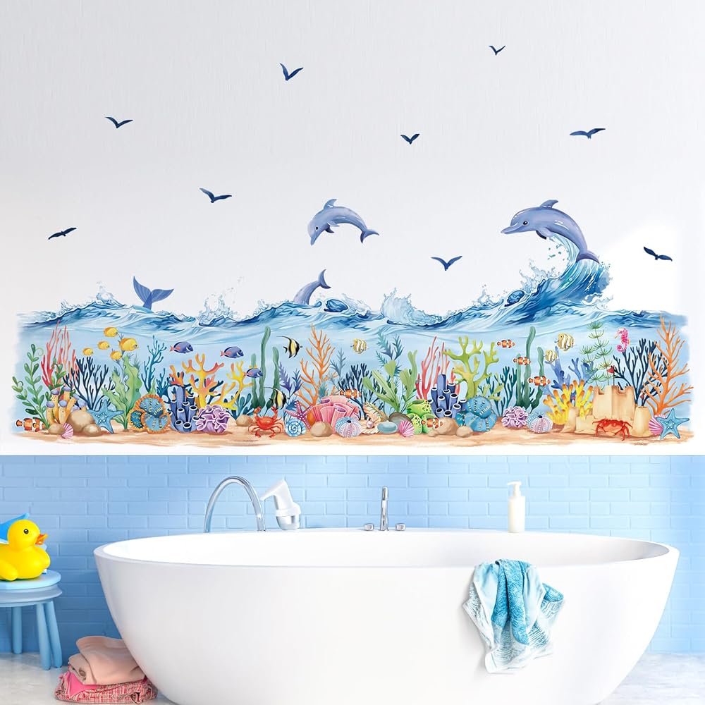 decalmile Under The Sea Wall Decals Dolphins Fish Ocean Waves 2 sheets 30x90
