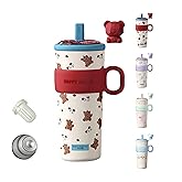 21oz Cute Bear Car Cup with Straw & Cap, Leak-Proof Portable Mug with Tea Strainer, Insulated for Hot/Cold - Ideal for Car, Office, Outdoor (Red)