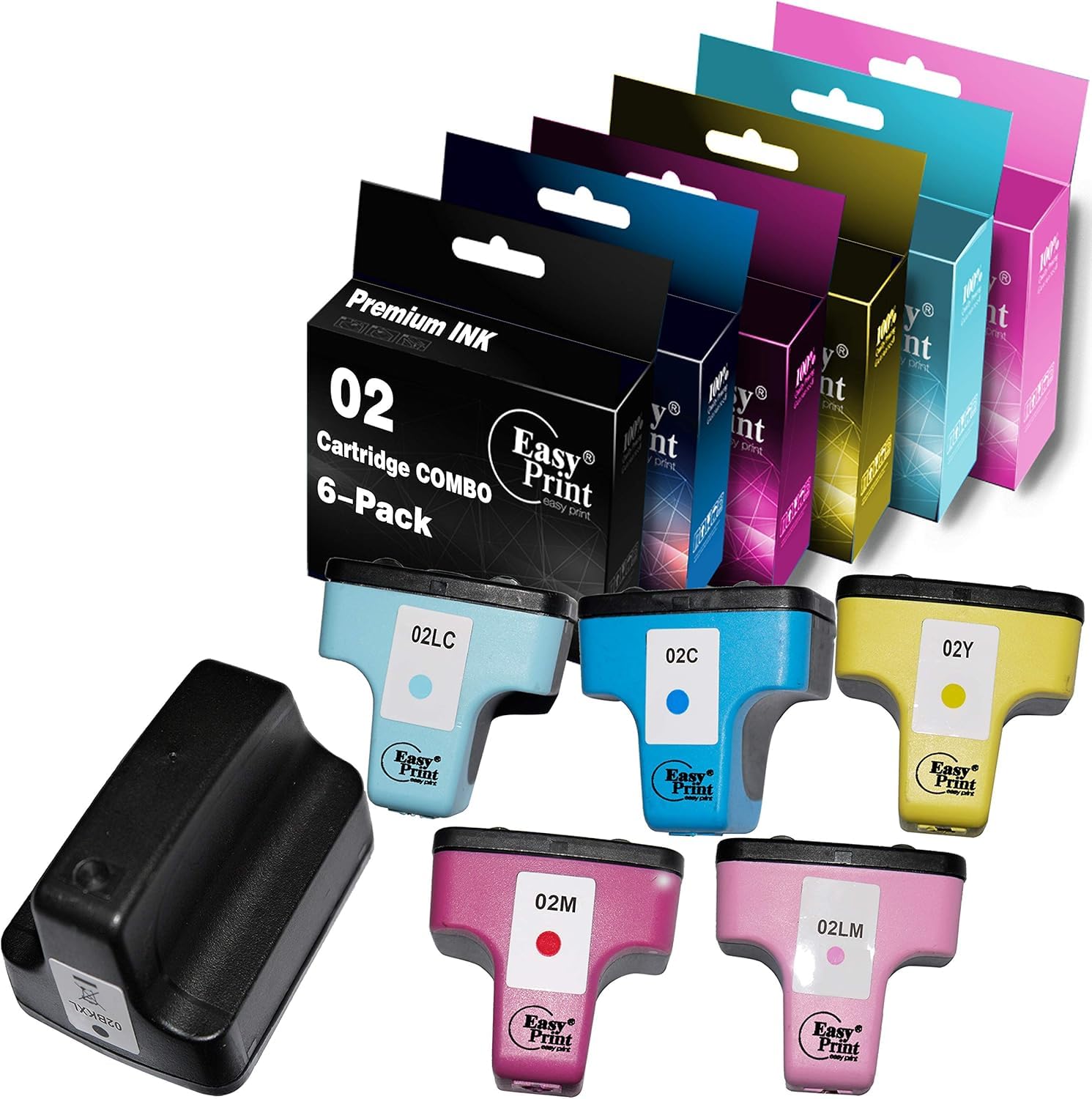 Photo 1 of EASYPRINT (6-Pack, 1x Set) Compatible 02 Ink Replacement for HP 02 Ink cartridges Used for C7280 C6280 C5180 C6180 D7360 D7460 8250 C7200 (Black, Cyan, Magenta, Yellow, Light Cyan, Light Magenta)