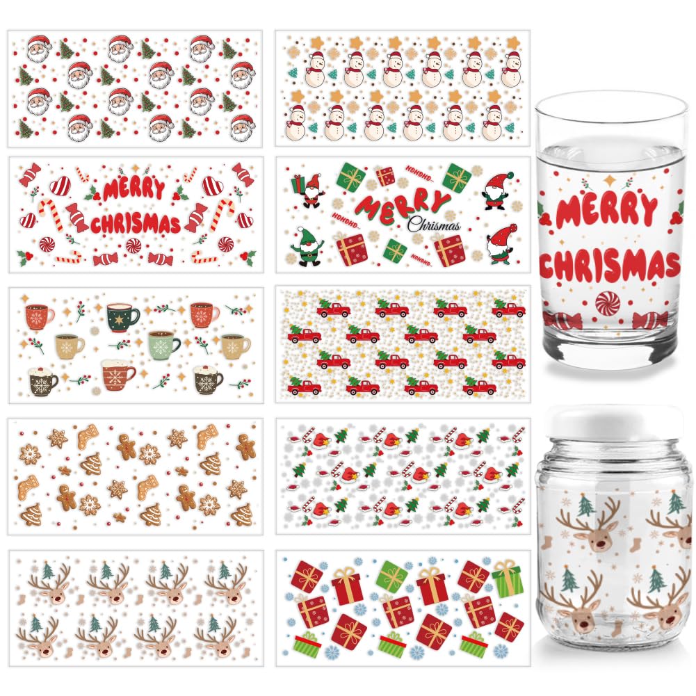 arricraft 10 Sheets Christmas Theme UV DTF Cup Wrap Transfer Stickers, 10 Styles 11x24cm Santa Claus Rub on Transfers Decal for 16OZ Glass Cups Furniture Craft Wood DIY Crafts