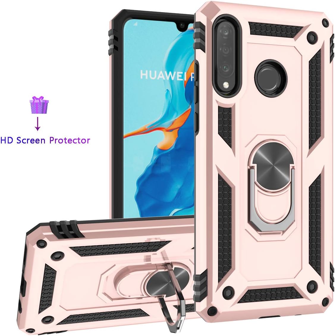 ZingCon Compatible for Huawei P30 Lite Phone Case,Nova 4E Case,[HD Screen Protector] Heavy Duty Shockproof Ring Kickstand Protective Cover Fitting Magnetic Car Mount-Rose Gold
