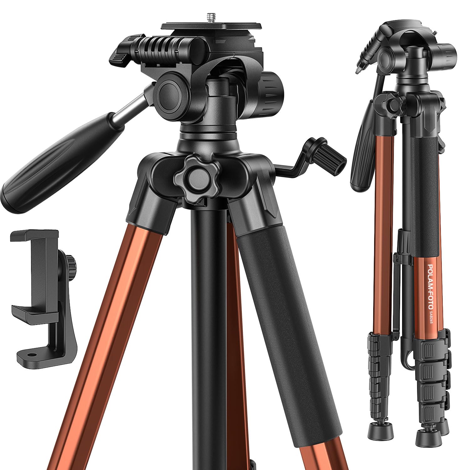 POLAM-FOTO Camera Tripod 74”/188cm, Porfessional Aluminum Heavy Duty Tripod Stand, Compact tripod with Carry Bag,with Phone Holder orange