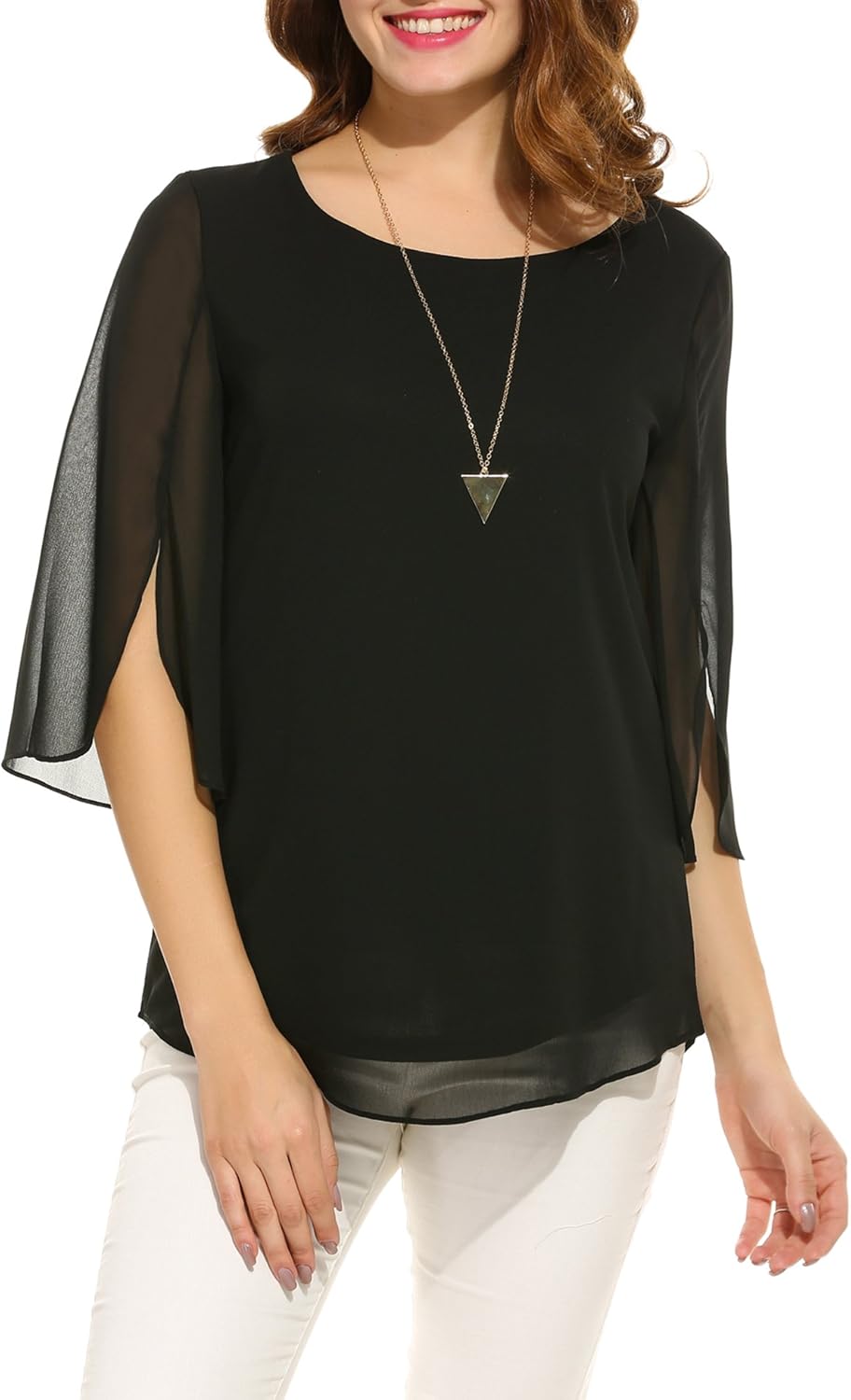 ACEVOG Womens Casual Scoop Neck Loose Top 3/4 Sleeve Chiffon Blouse Shirt Tops: Clothing
