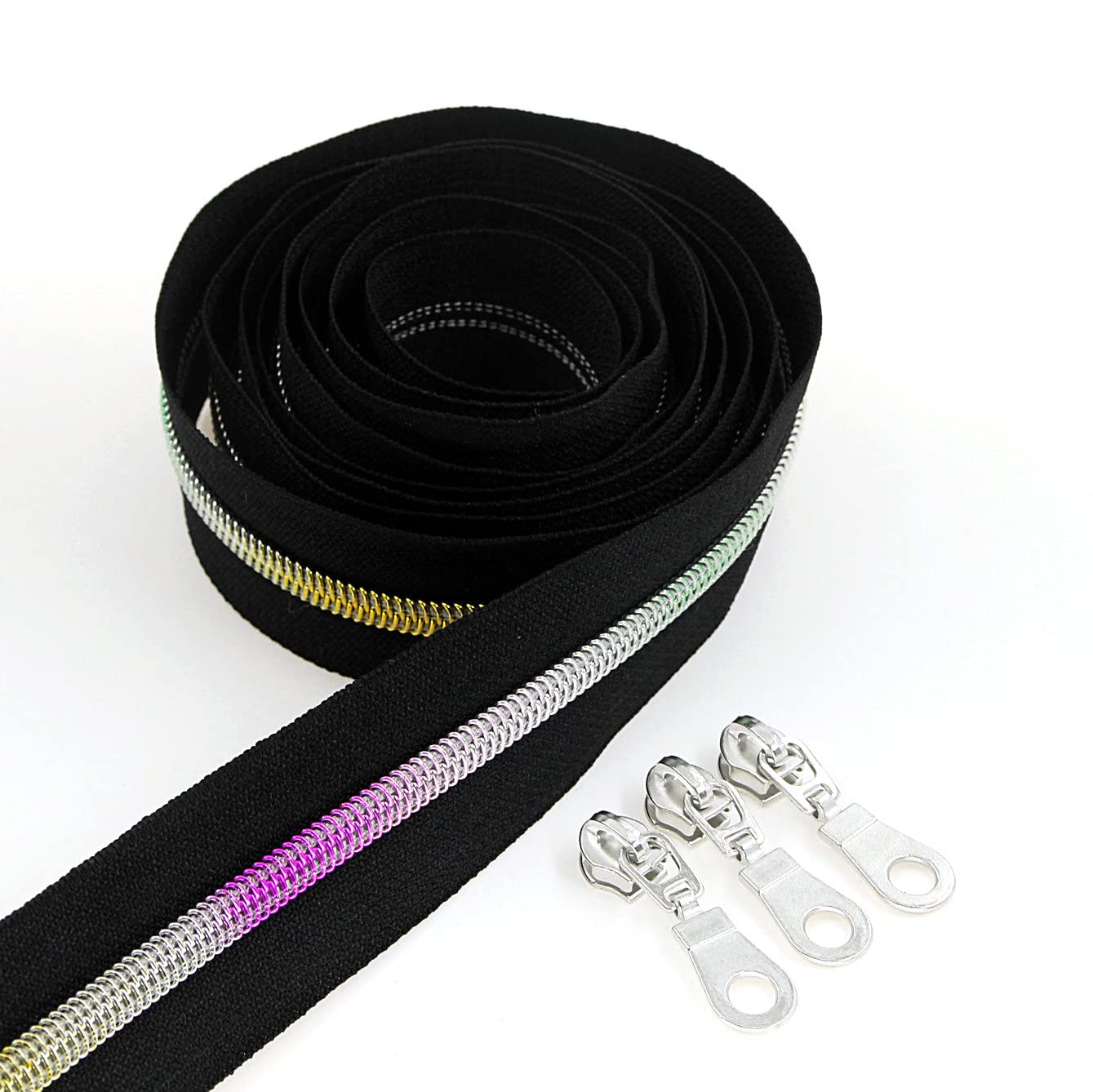 Leekayer #5 Metallic Nylon Coil Zippers by The Yard Rainbow Teeth Zipper Bulk 10 Yards Black Tape with 25pcs Silver Sliders for DIY Sewing Tailor Craft Bag(Black)