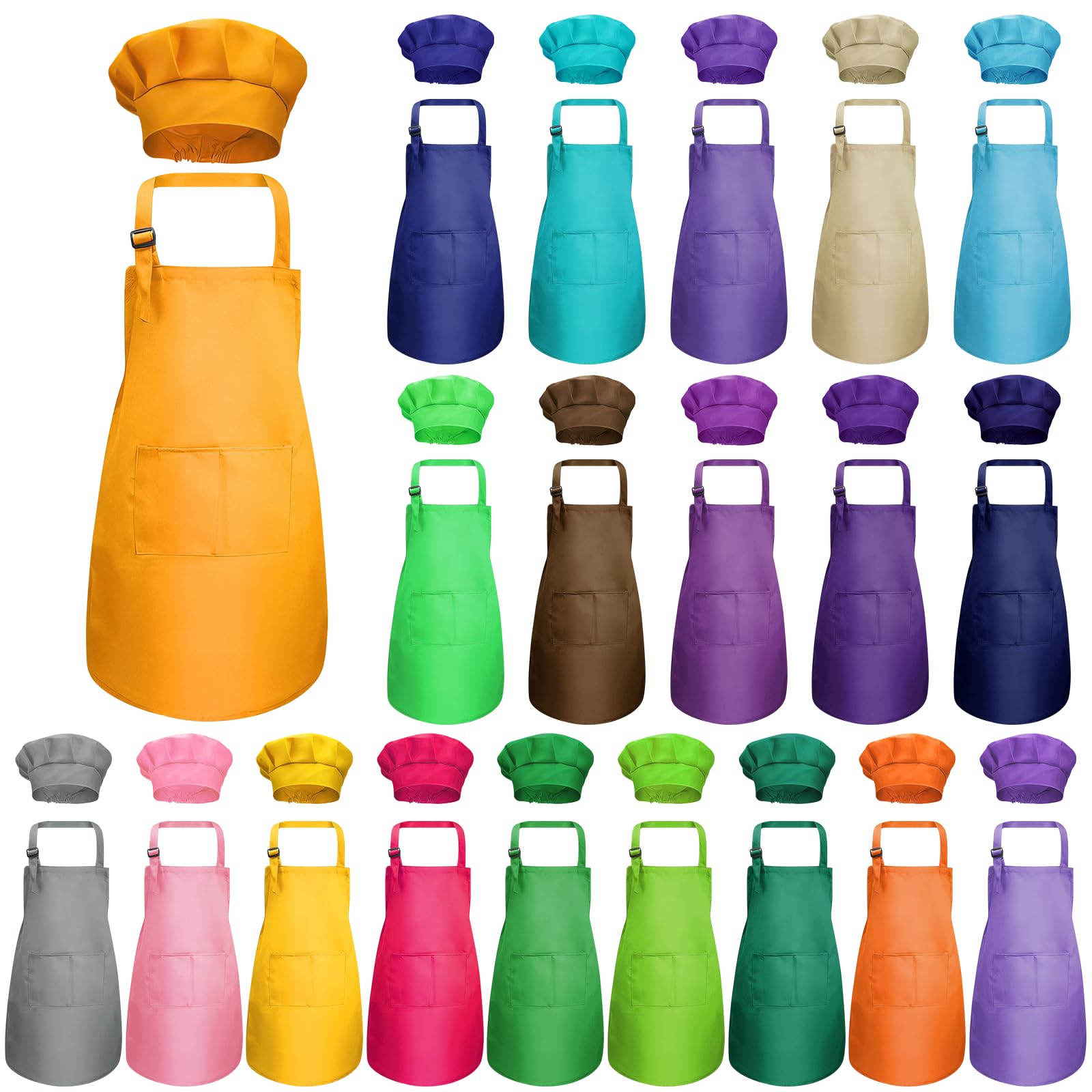 ASMIZ 20 pack Cooking Apron and Hat for Kids Bulk, Children Aprons for Baking set, Adjustable Cooking Art Apron with Pocketed for Boys Girl's Kitchen Baking Painting Wear (7-13 Age)