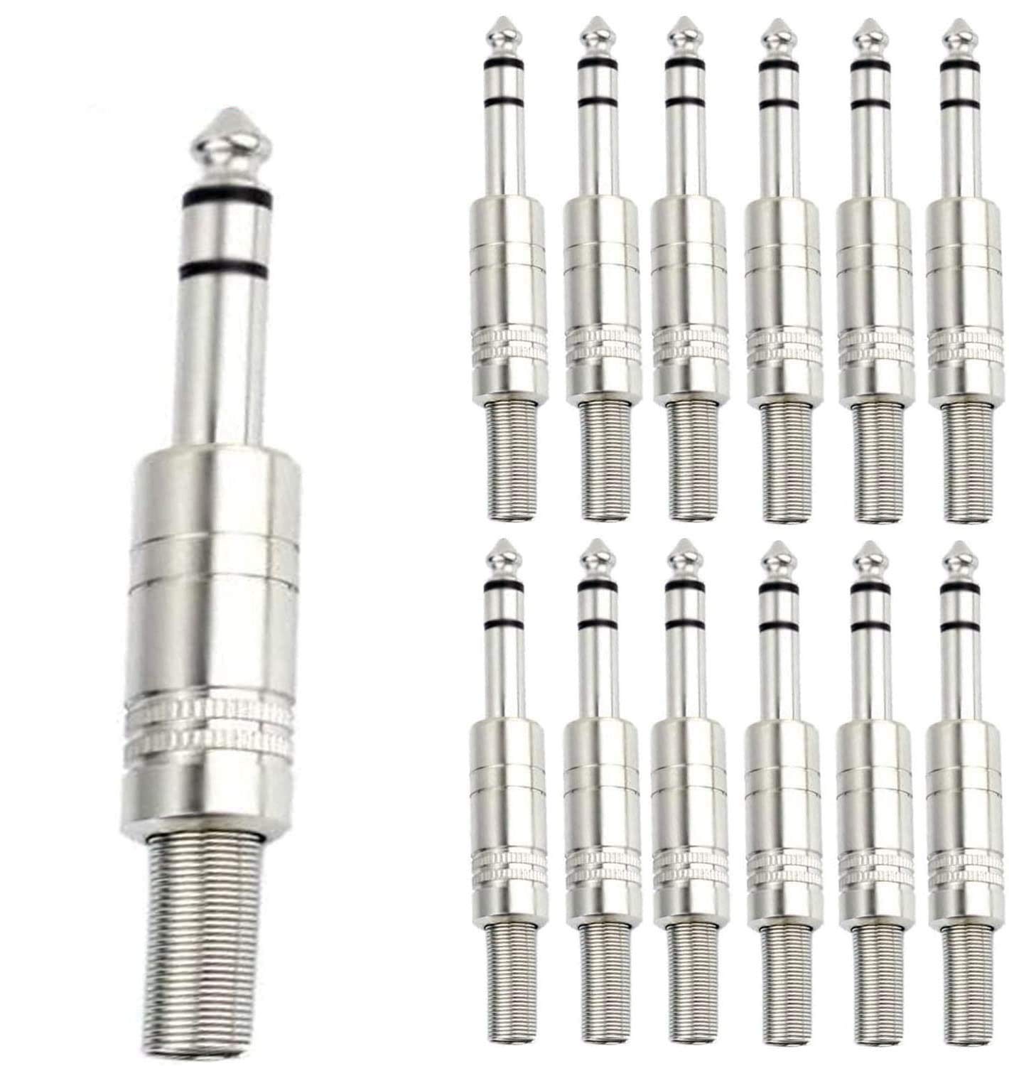 1/4" Audio Plugs 6.35 mm TRS Male 1/4 inch Solder Type Stereo Plug Straight Design Connector with Spring for DJ Mixer, Speaker, Guitar, Phono, Patch, Microphone Cables (12 Pack)