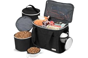 BAGLHER Dog Travel Bag Backpack Pet Supplies Backpack Pet Accessories Storage Bag 5-Piece Set with Shoulder Strap 2 Lined Pet Food Containers 4 Foldable Feeding Bowls Essential Kit for Pet Travel