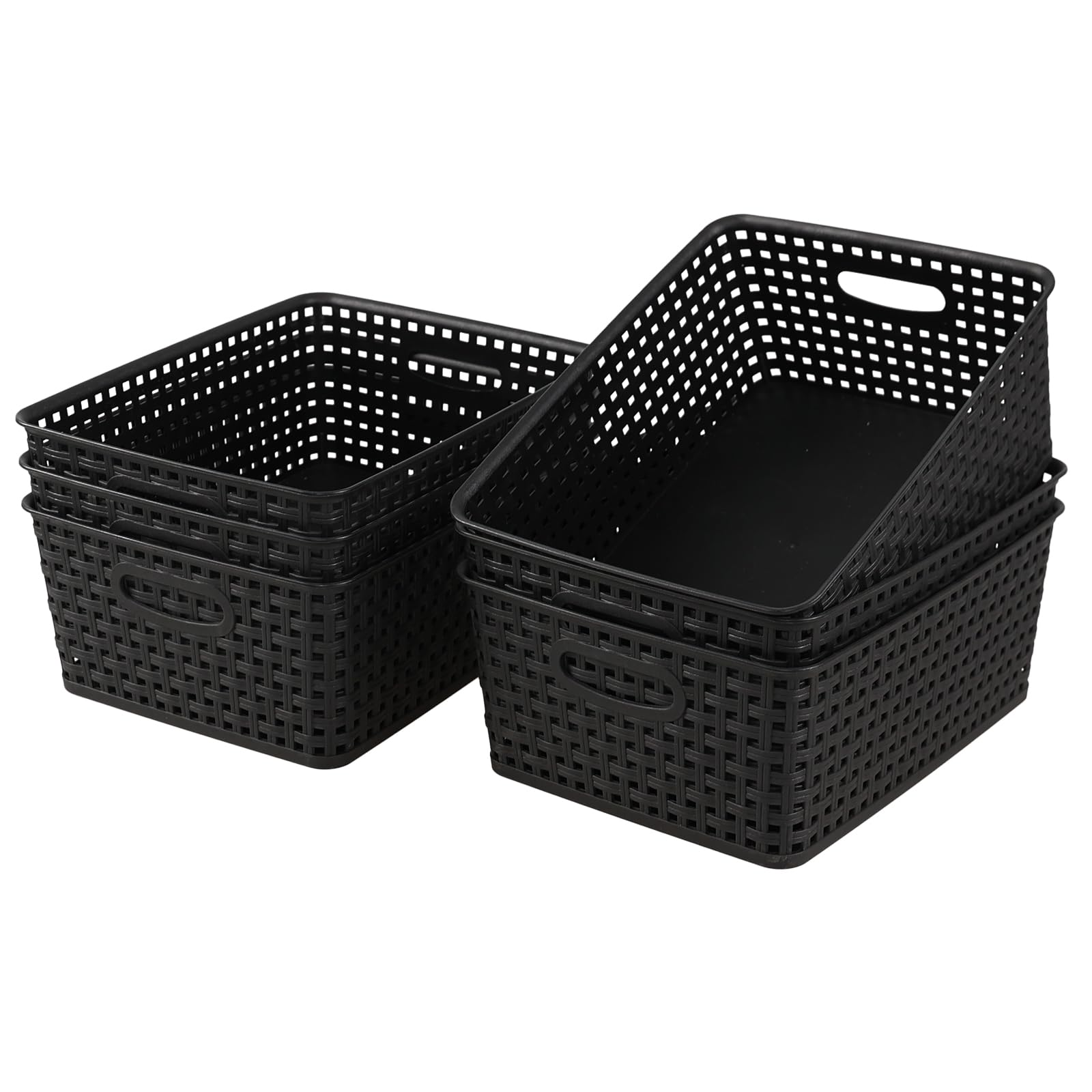 Aninhao Plastic Woven Storage Baskets, Black Cupboard Storage Baskets, 6 Pack